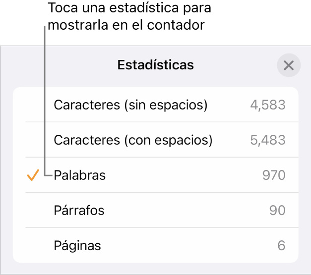 El menú Estadísticas con las opciones para mostrar el número de caracteres con y sin espacios, el conteo de palabras, el conteo de párrafos y el conteo de páginas.