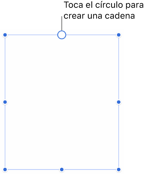 Un cuadro de texto vacío con un círculo blanco en la parte superior y manijas de redimensionamiento en las esquinas, en ambos lados y en la parte inferior.