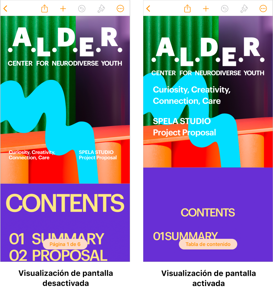 Dos versiones del mismo documento de Pages: uno con la visualización de pantalla activada y otro con la visualización de pantalla desactivada. En la versión con la visualización de pantalla activada, el tamaño del texto se ajusta para la pantalla, y se ocultan los saltos de página y encabezados.