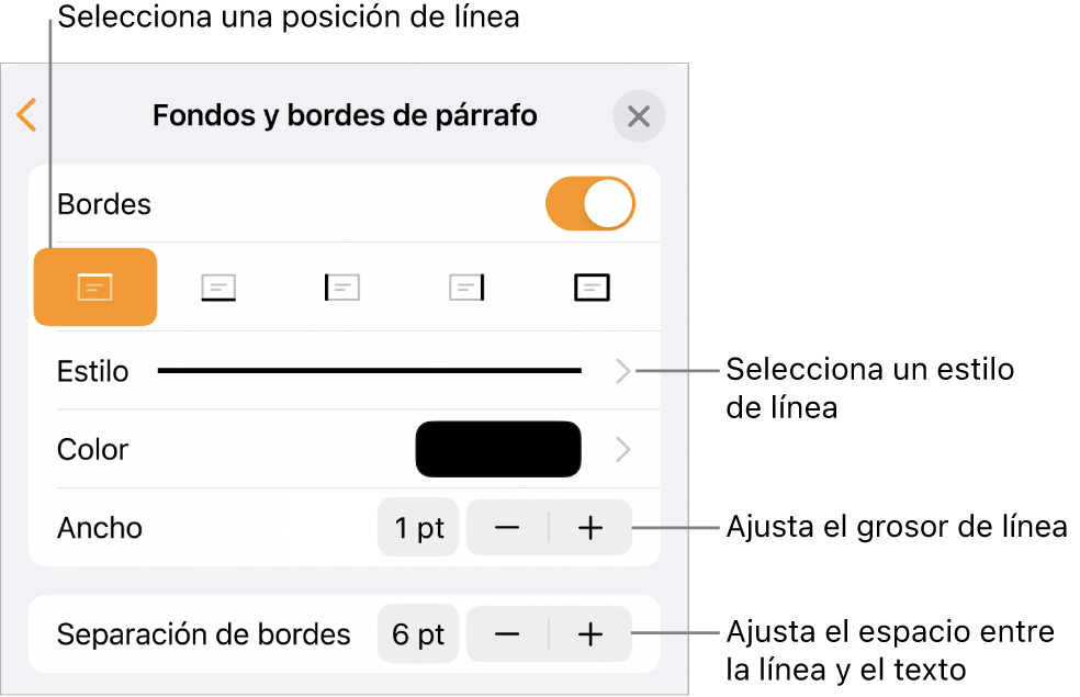 Controles para cambiar el estilo de línea, grosor, posición y color.