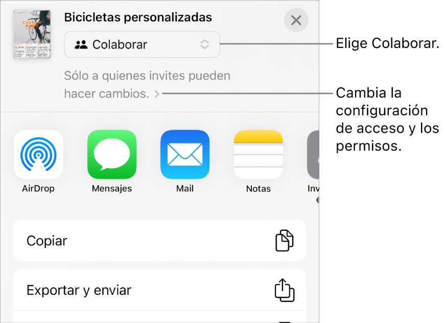El menú Compartir con la opción Colaborar seleccionada en la parte superior, y la configuración de acceso y permisos debajo.