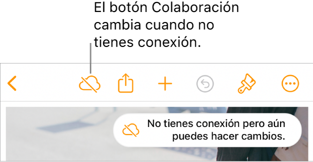 Los botones en la parte superior de la pantalla, donde el botón Colaboración cambió a una nube con una línea diagonal que la atraviesa. Una alerta en la pantalla muestra el mensaje: No tienes conexión pero aún puedes hacer cambios.