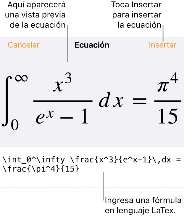 El cuadro de diálogo Ecuación con una ecuación escrita con comandos de LaTeX y una vista previa de la fórmula encima.