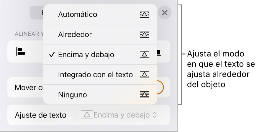 Los controles Ajuste de texto con la configuración para Automático, Alrededor, Encima y debajo, Integrado con el texto y Ninguno.