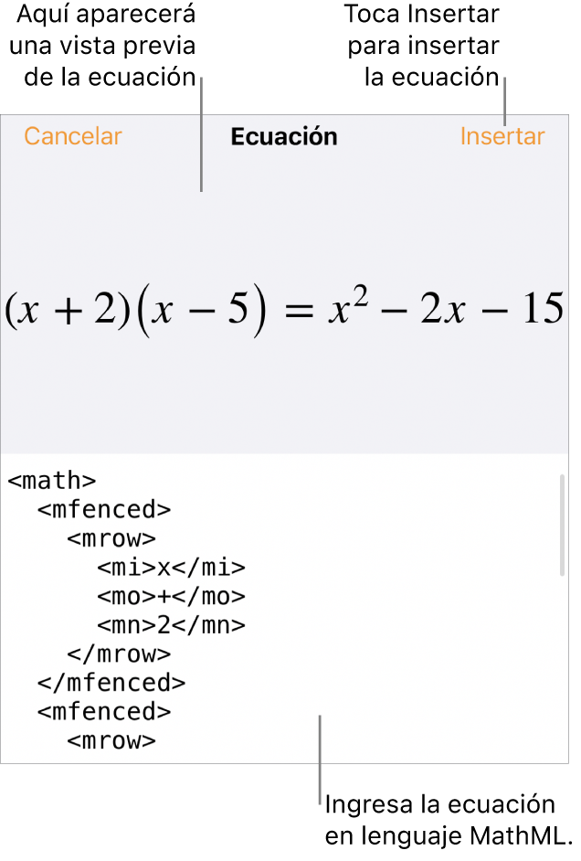 El cuadro de diálogo Ecuación con una ecuación escrita con comandos de MathML y una vista previa de la fórmula encima.