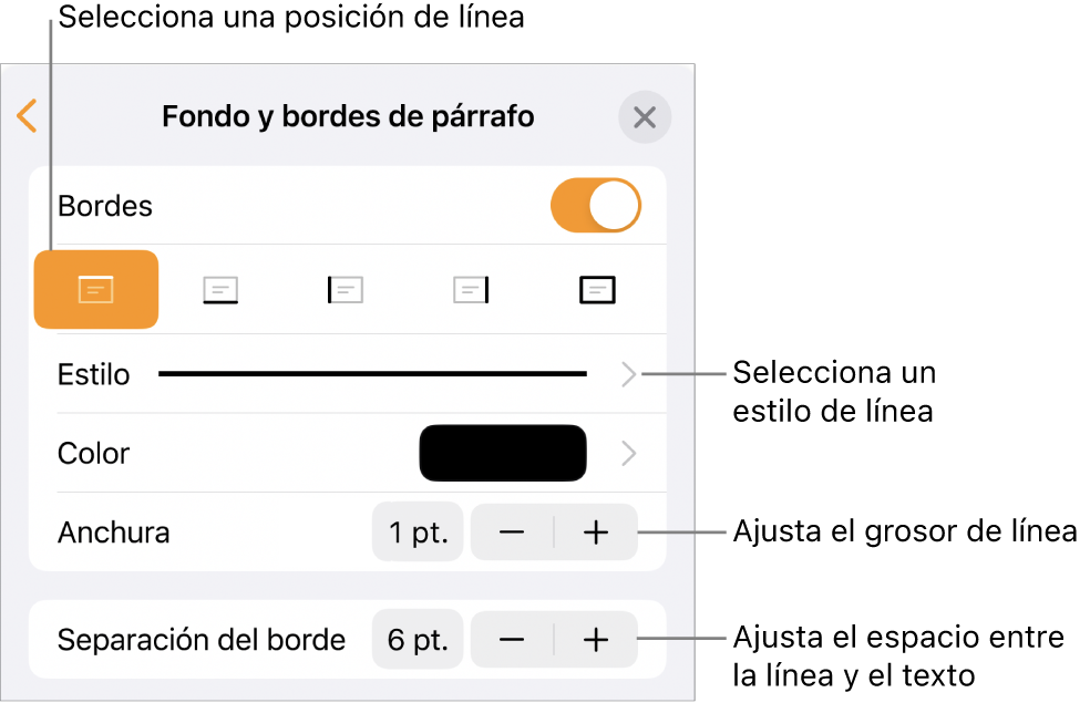 Controles para cambiar el estilo de línea, grosor, posición y color.