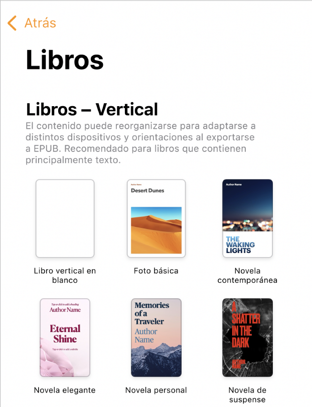 El selector de plantilla con plantillas de libro con orientación vertical en la parte superior y orientación horizontal abajo.