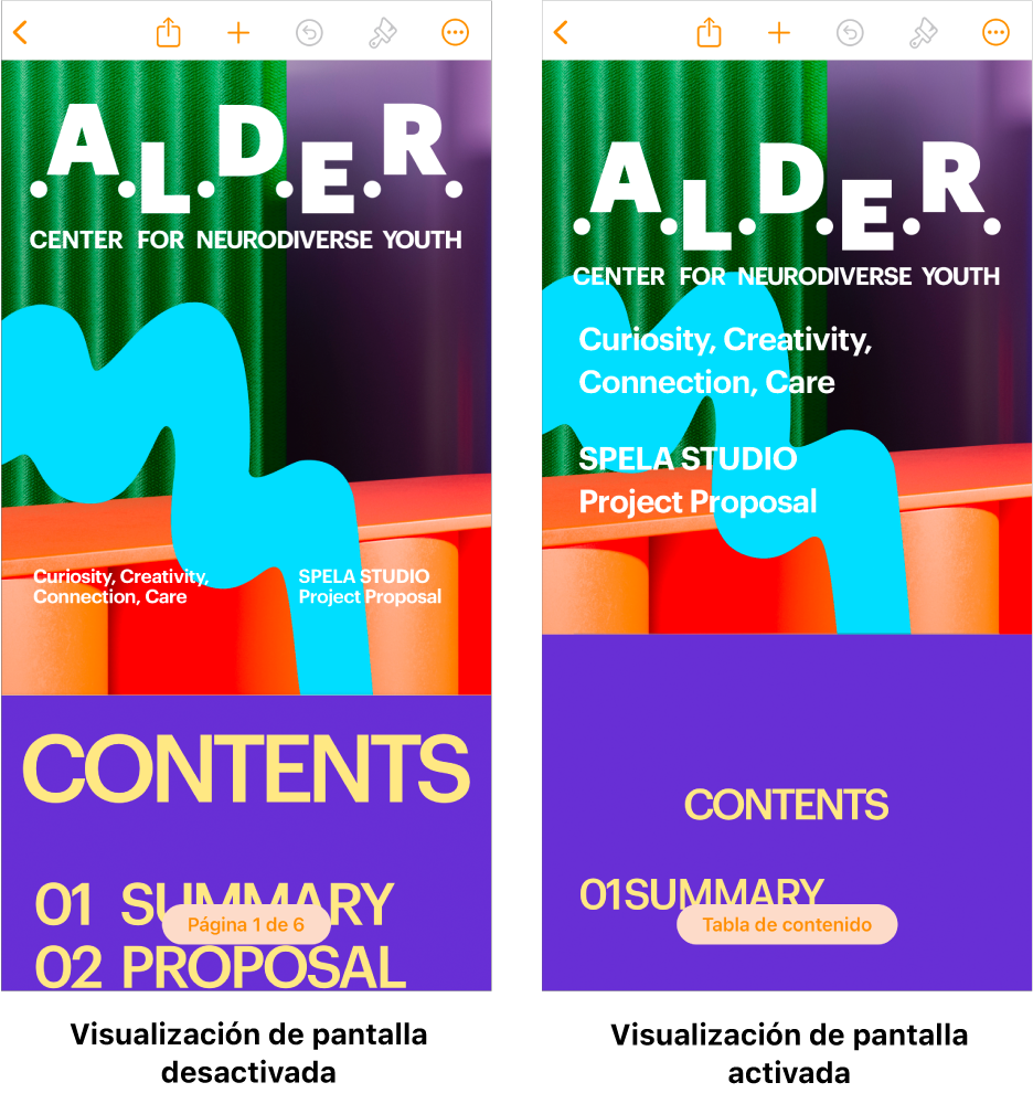 Dos vistas del mismo documento de Pages, con la visualización de pantalla activada y desactivada. En la versión con la visualización de pantalla activada, el tamaño del texto se ajusta a la pantalla y los saltos de página y las cabeceras están ocultos.