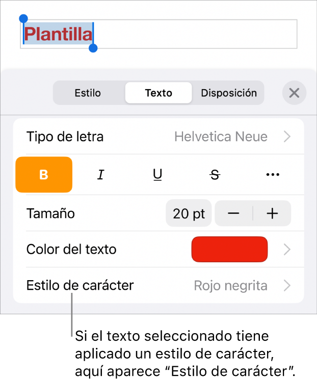 Los controles de formato de texto con “Estilos de carácter” debajo de los controles de color. El estilo de carácter Ninguno aparece con un asterisco.