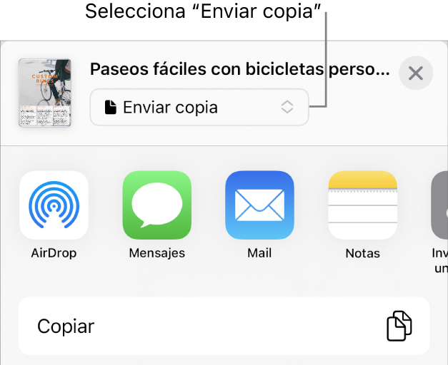 El menú Compartir con la opción “Enviar copia” seleccionada en la parte superior.