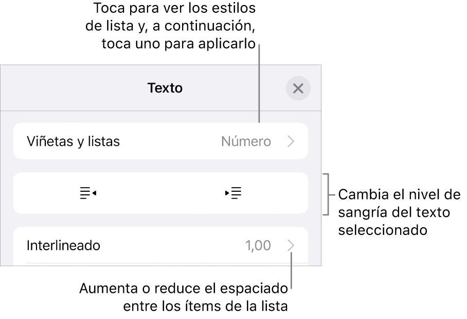 La sección “Viñetas/listas” de los controles de formato con llamadas a “Viñetas/listas”, los botones de sangría o de sangría izquierda, y los controles de interlineado.