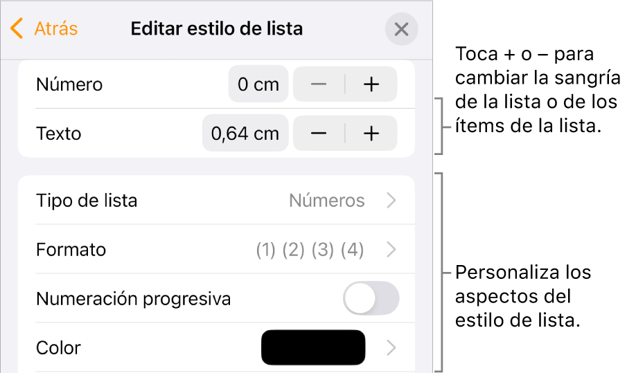 Menú “Estilo de lista” con controles para el interlineado de la sangría, el tipo de lista y el formato, la numeración progresiva y el interlineado.