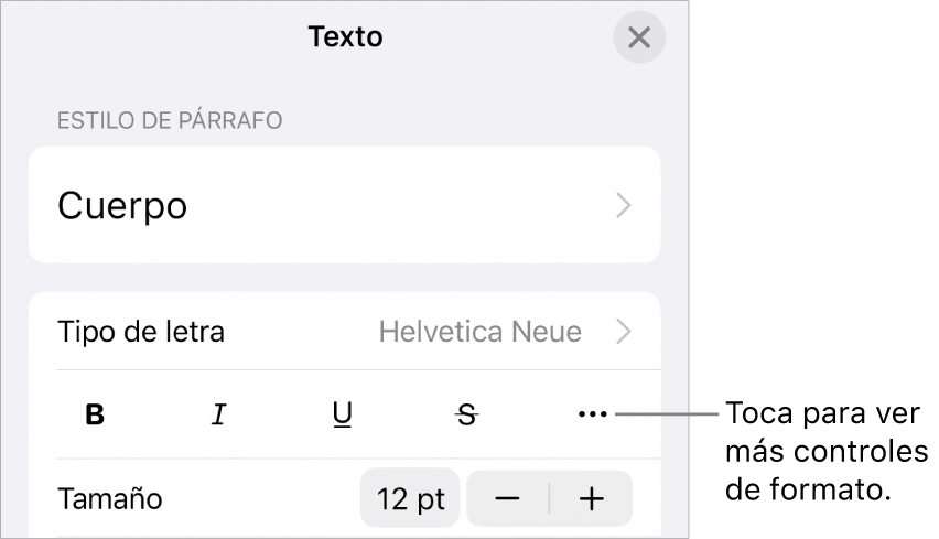 La pestaña Texto de los controles de formato, con una llamada al botón “Más opciones de texto”.