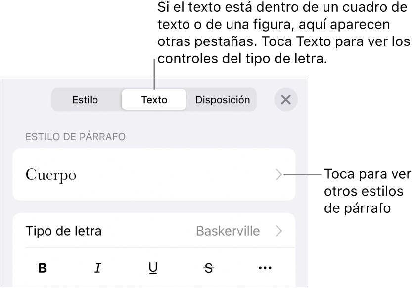 El menú Formato, que muestra controles de texto para configurar los estilos de párrafo y carácter, tipo de letra, tamaño y color.