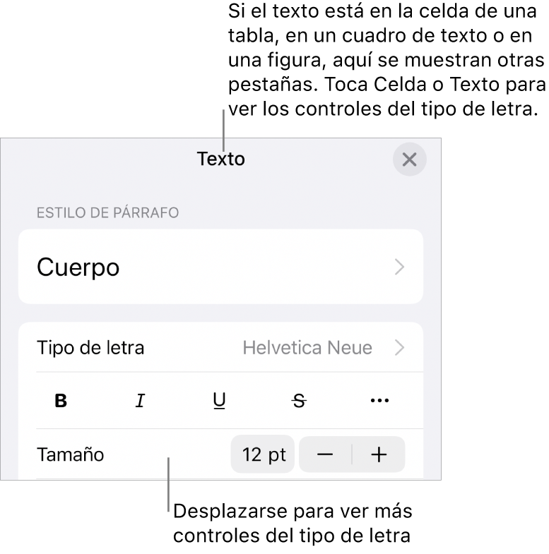 Controles de texto en el menú Formato para configurar los estilos de párrafo y carácter, tipo de letra, tamaño y color.