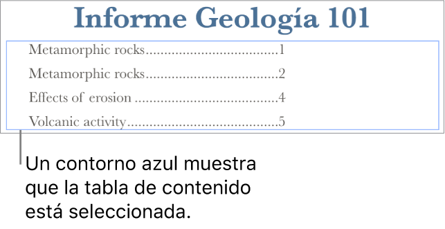 Una tabla de contenido insertada en un documento. Las entradas muestran las cabeceras junto con sus números de página.