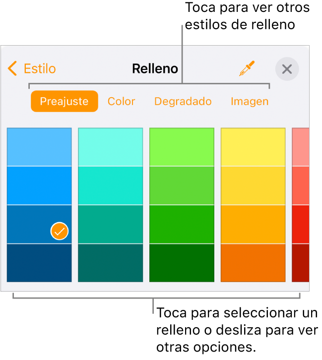 Opciones de relleno en la pestaña Estilo del botón Formato.