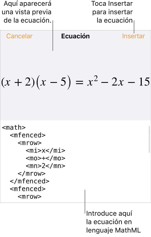 El diálogo Ecuación con una ecuación escrita con comandos de MathML y una previsualización de la fórmula encima.