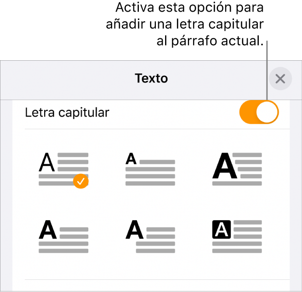 Los controles de “Letra capitular” situados en el menú Texto.
