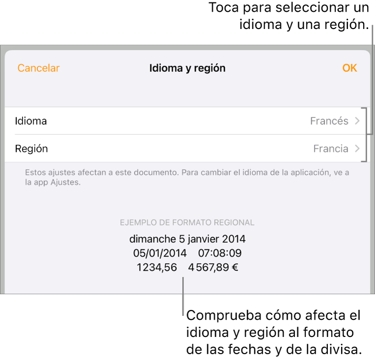 Panel “Idioma y región” con controles para el idioma y la región, y un ejemplo de formato que incluye la fecha, la hora, los decimales y la divisa.