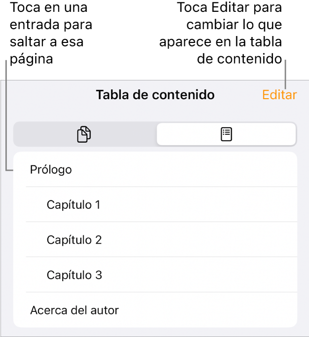 La visualización de la tabla de contenido con encabezamientos en una lista. Hay un botón Editar en la esquina superior derecha y en la parte inferior están los botones “Miniaturas de página” y “Tabla de contenido”.