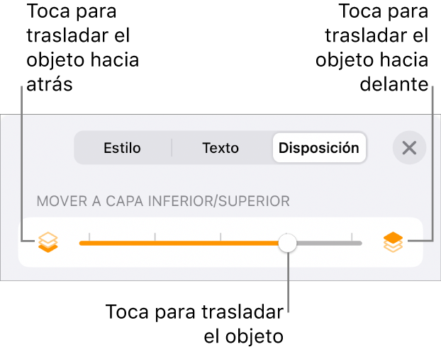 Botón “Mover hacia atrás”, botón “Mover hacia delante” y regulador de capa.