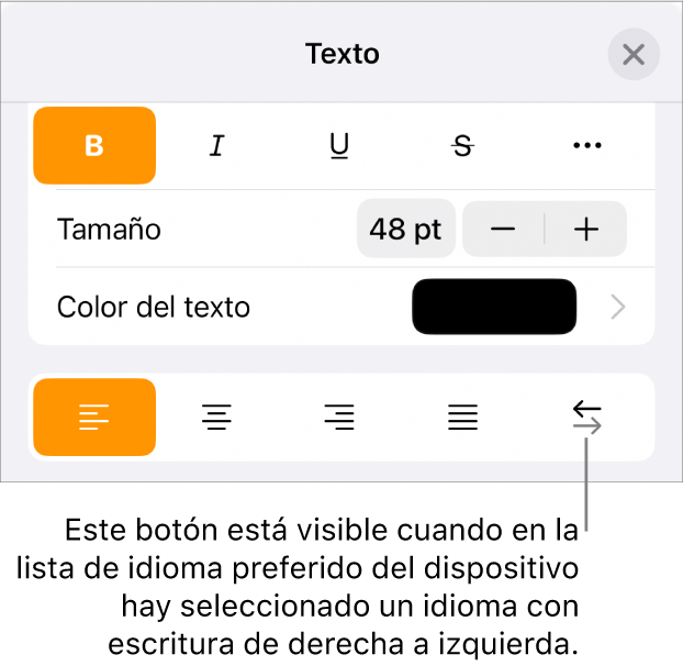 Controles de texto del menú Formato con una llamada al botón “De derecha a izquierda”.
