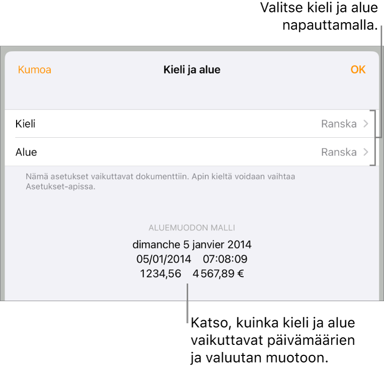Kieli ja alue -osio, jossa näkyvät kielen ja alueen säätimet sekä muotoesimerkki mukaan lukien päivämäärä, aika, desimaali ja valuutta.
