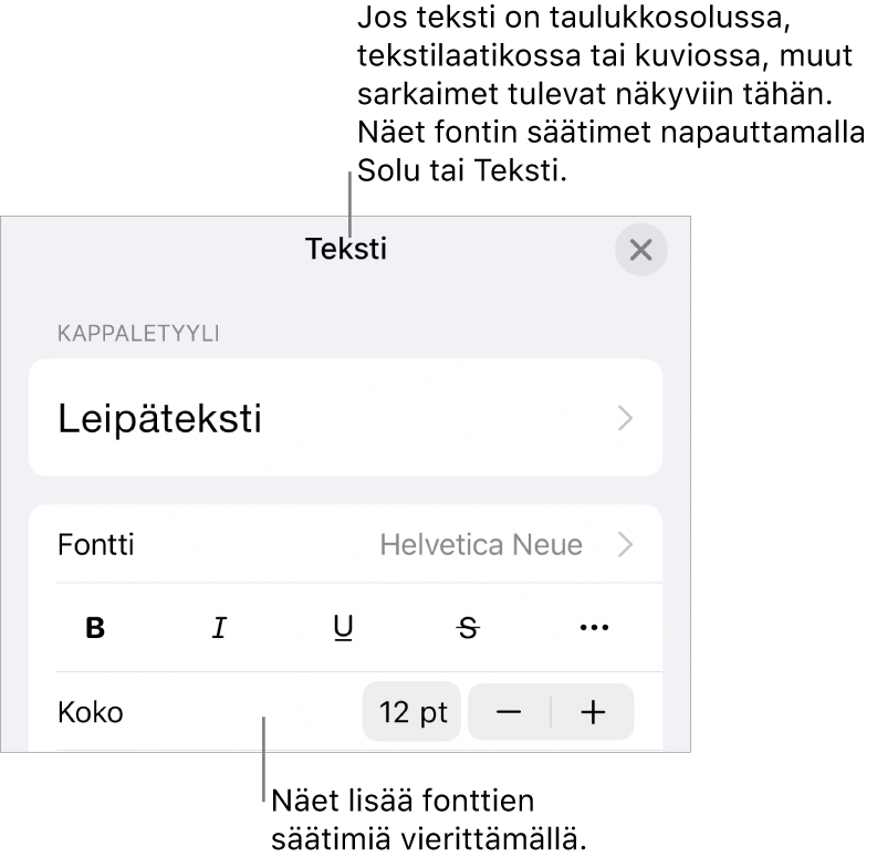 Muoto-valikon tekstisäätimet kappale- ja merkkityylien, fontin, koon ja värin valitsemista varten.