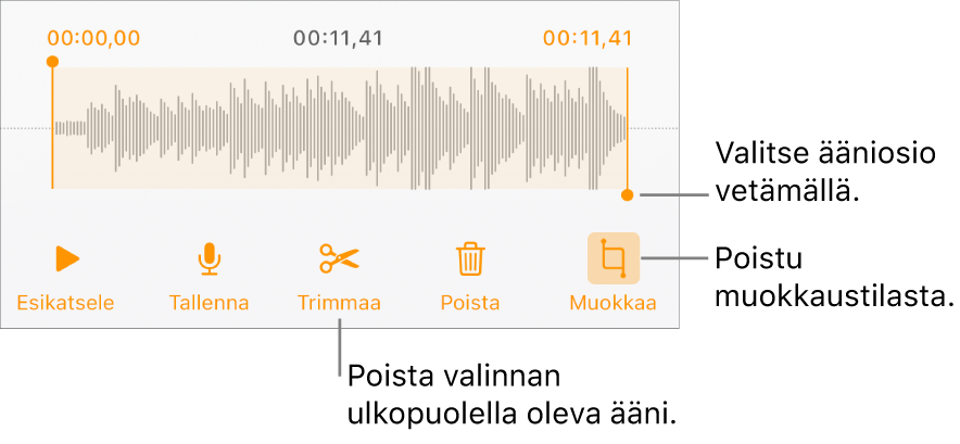 Säätimet tallennetun äänen muokkaamiseen. Kahvat osoittavat äänitysosion. Alla on painikkeet esikuuntelulle, tallentamiselle, trimmaamiselle, poistamiselle ja muokkaustilalle.