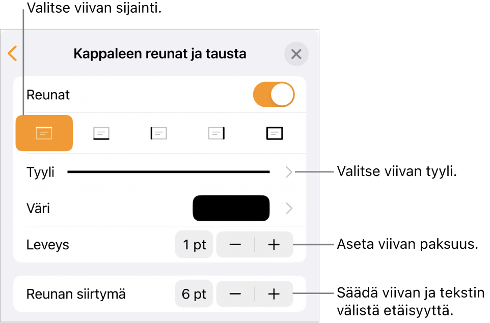 Säätimiä viivan tyylin, paksuuden, sijainnin ja värin muuttamiseen.