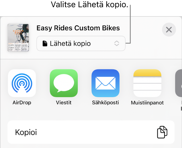 Jaa-valikko, jossa on ylhäällä valittuna Lähetä kopio.