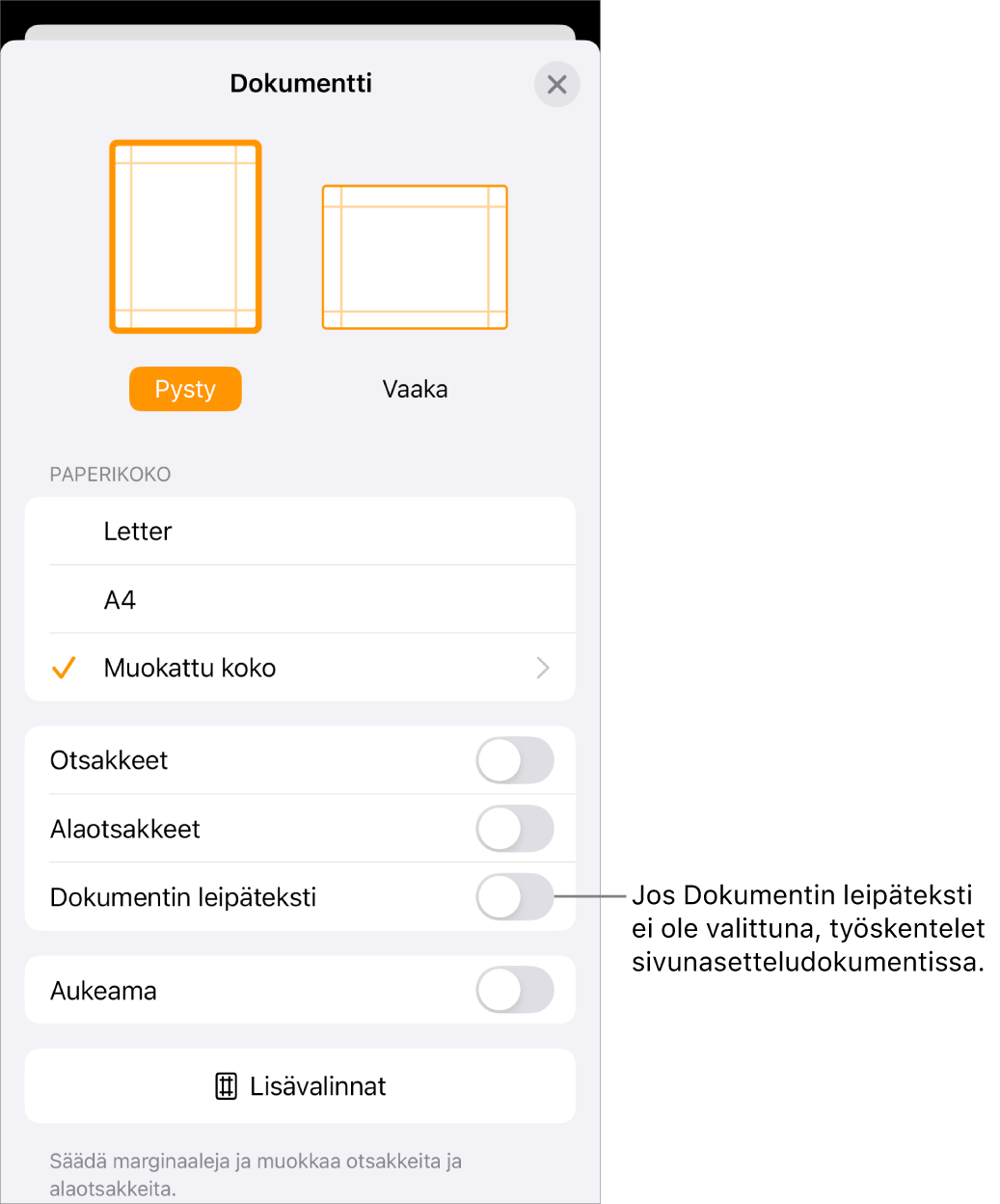 Dokumentin asetukset avattuna ja Dokumentin leipäteksti -valintaneliön valinta poistettuna sivunasetteludokumentissa.