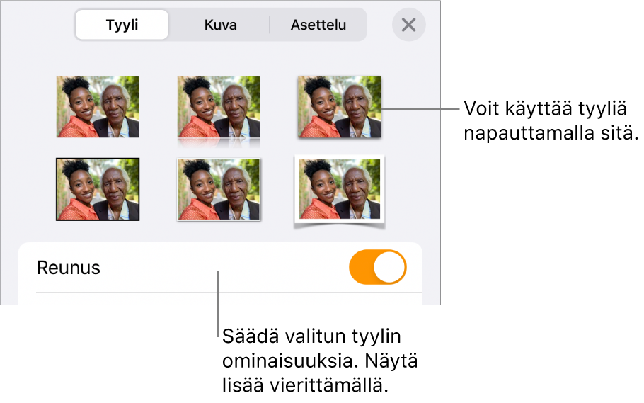 Muoto-valikon Tyyli, jossa on ylhäällä objektityylejä ja niiden alla säädin, jolla muutetaan reunoja.