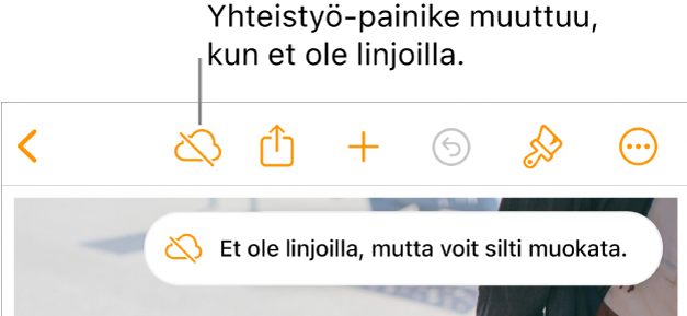 Näytön yläreunalla näkyy painikkeita, Yhteistyö-painike muuttuu pilven kuvaksi, jonka läpi menee vinottainen viiva. Näytöllä näkyvässä ilmoituksessa lukee ”Et ole linjoilla, mutta voit silti muokata.”