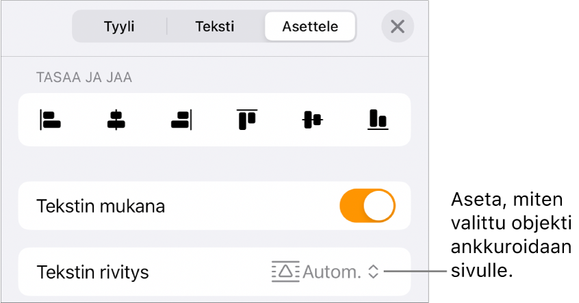 Järjestä-säätimet, joissa on Siirrä tekstin kanssa ja Tekstin rivitys.