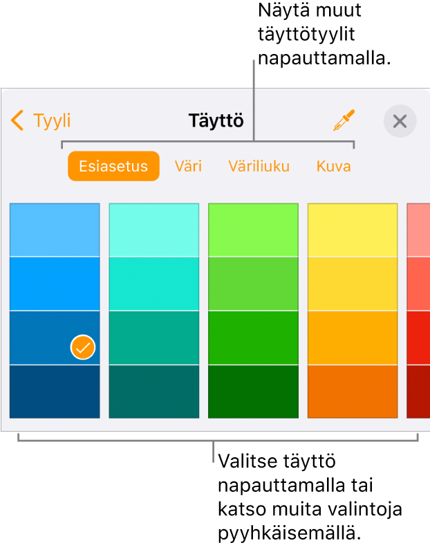Muoto-painikkeen Tyyli-välilehden täyttövalintoja.