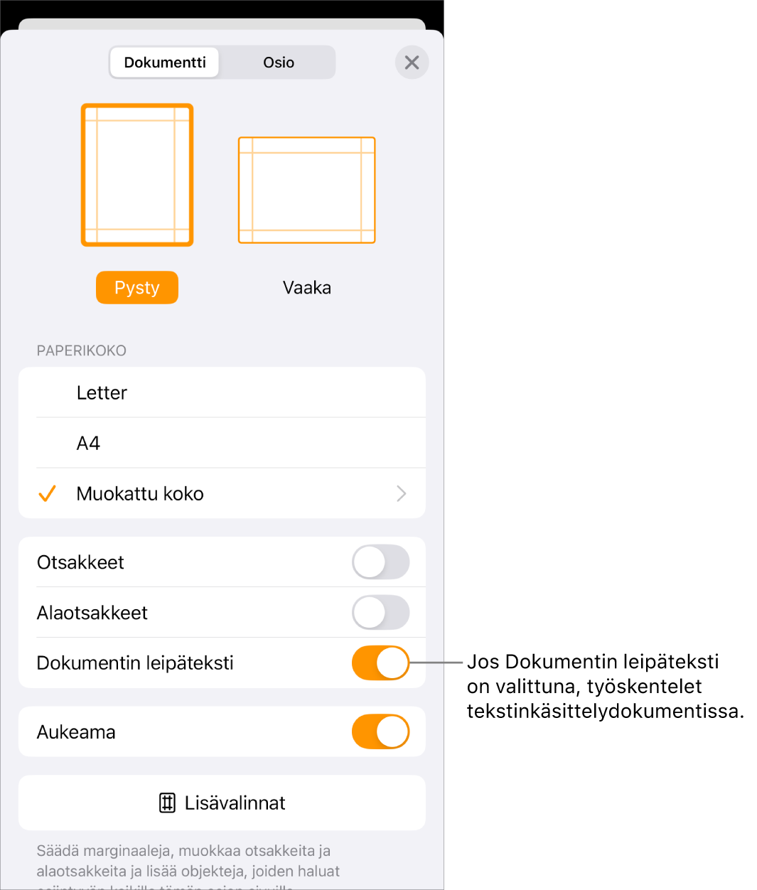 Dokumentin asetukset avattuna ja Dokumentin leipäteksti -valintaneliö valittuna tekstinkäsittelydokumentissa.