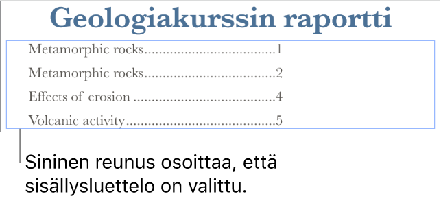 Sisällysluettelo lisättynä dokumenttiin. Kohteissa näkyy otsakkeet ja niiden sivunumerot.