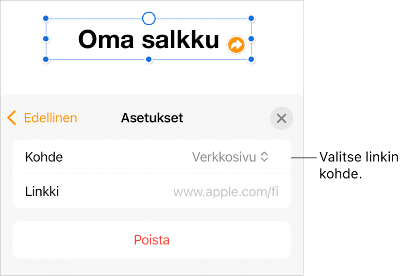 Linkkiasetukset-säätimet, joissa on valittuna Verkkosivu ja alhaalla on painike Poista.