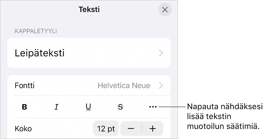 Muoto-säätimien Teksti-välilehti, jossa Lisää tekstivalintoja -painikkeen selite.