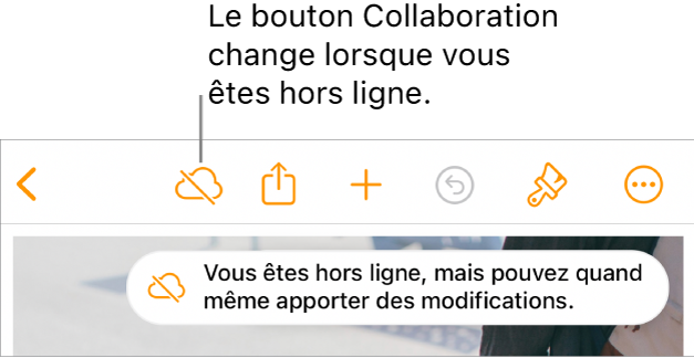 Les boutons en haut de l’écran, avec le bouton Collaboration qui se transforme en un nuage traversé par une ligne diagonale. Une alerte à l’écran indique « Vous êtes hors ligne, mais pouvez quand même apporter des modifications ».