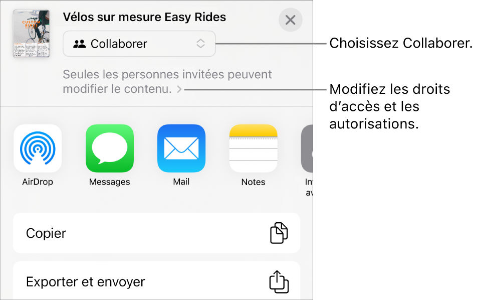 Le menu Partager avec l’option Collaborer sélectionnée dans le haut, au-dessus des réglages d’accès et d’autorisation.
