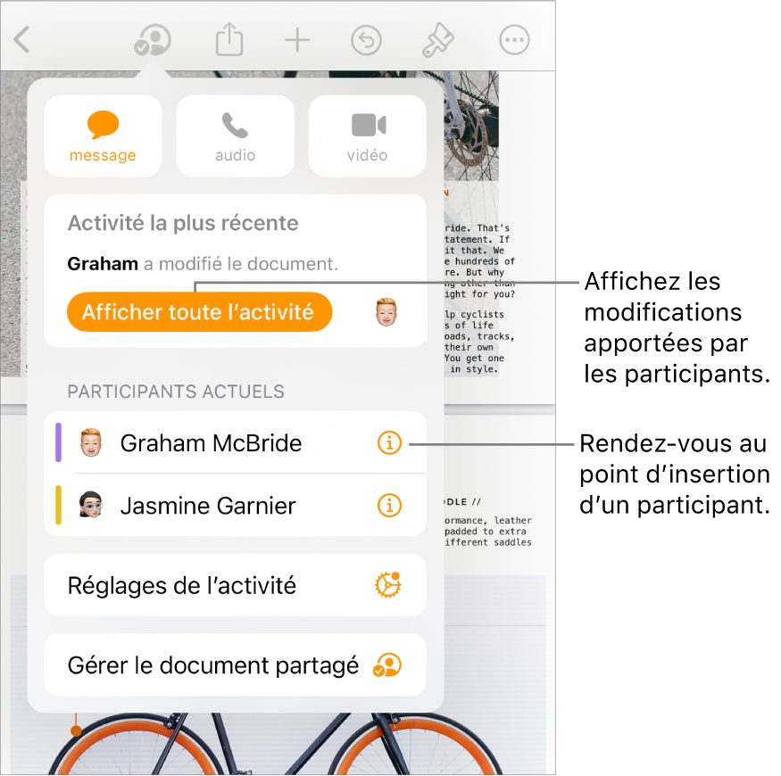 Le menu de collaboration avec la liste des participants actuels.