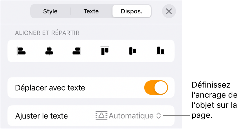 Commandes Disposition avec les options Déplacer avec texte et Ajustement du texte.