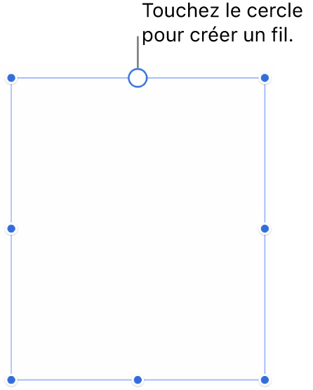 Une zone de texte vide avec un cercle blanc en haut et des poignées de redimensionnement sur les coins, les côtés et en bas.