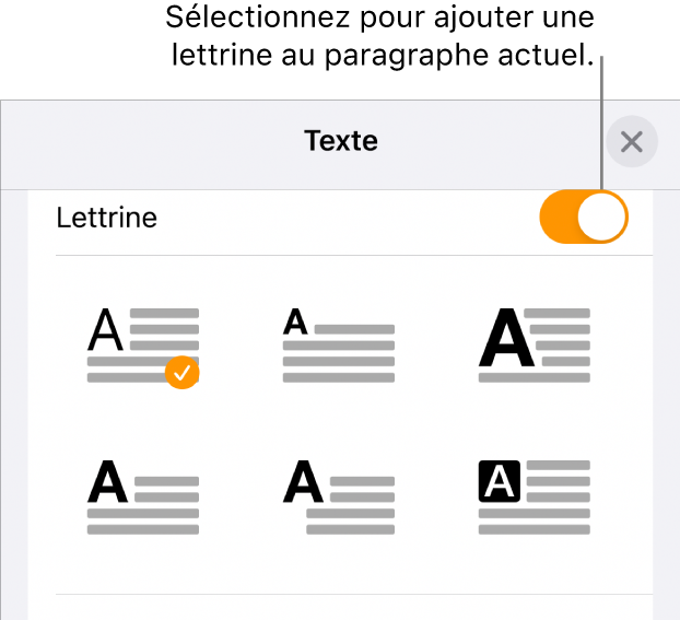 Les commandes Lettrine situées dans le menu Texte.