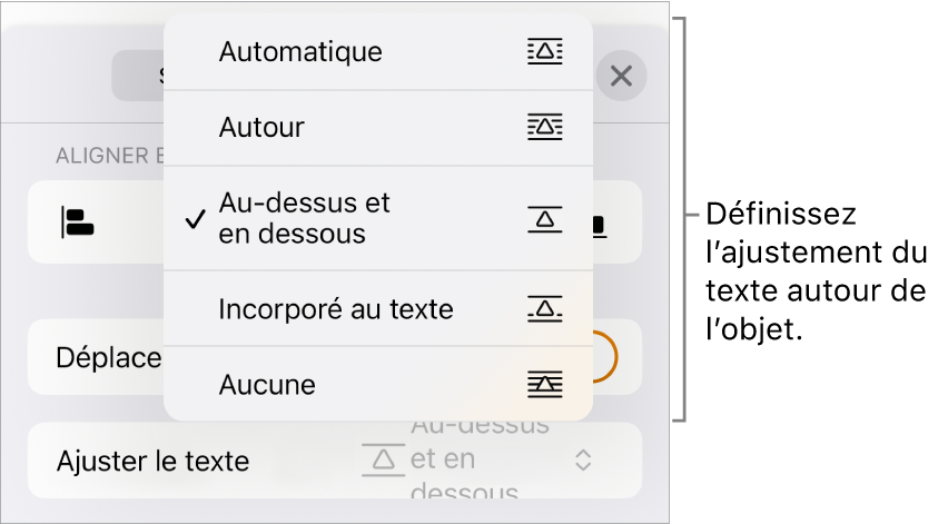 Les commandes « Ajuster au texte » avec les réglages Automatique, Autour, Au-dessus et en dessous, Incorporé au texte et Aucun.