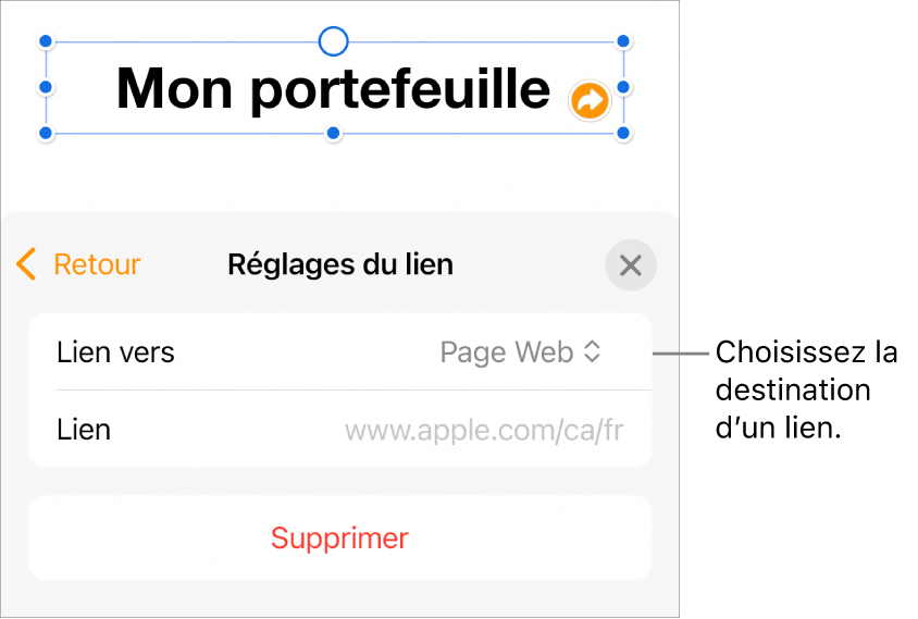 Les commandes Réglages du lien avec l’option Page Web sélectionnée au-dessus du bouton Supprimer.