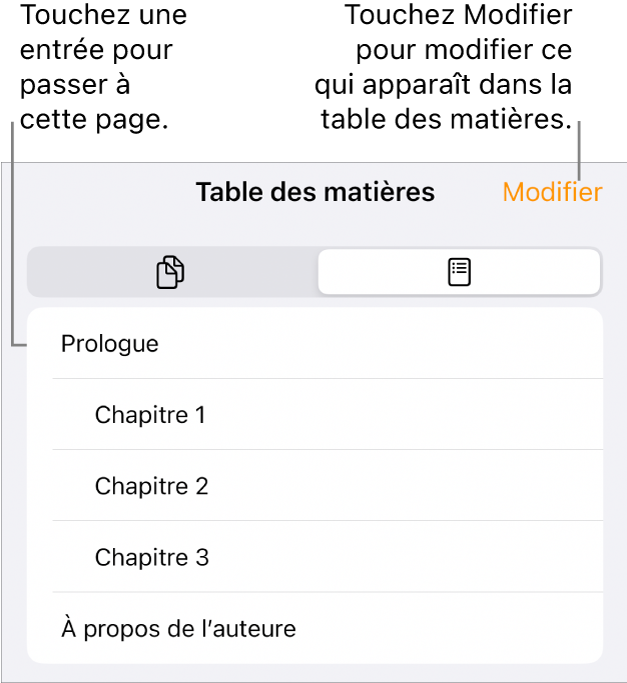 La présentation de la table des matières avec les titres sous forme de liste. Un bouton Modifier se trouve dans le coin supérieur droit. Les boutons Vignettes de page et Table des matières sont au bas de l’écran.